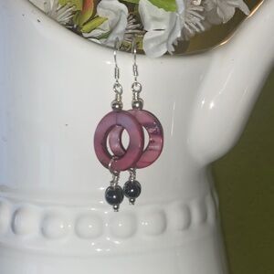 Pink Hoop Drop Earrings with Hematite Bead silver earwires